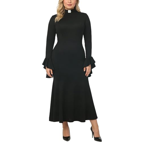 BPURB Long Sleeve Clergy Dress for Women Minister Outfit Priestess Tab Insert Collar Fishtail Dresses Black