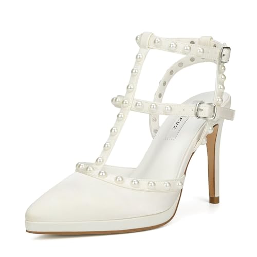 Pearl Wedding Shoes for Bride High Heels Pointed Toe Bridal Shoes T Strap Wedding Heels