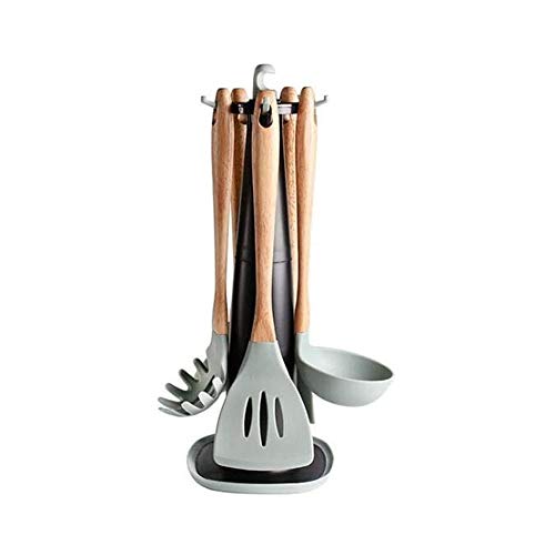 Silikon-Küchengeräte Kochsets Suppenlöffel Pfannenwender Antihaft-Schaufel mit Holzgriff Spezielles hitzebeständiges Design (Color : Green)