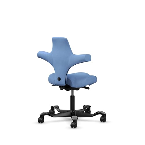 Image of HAG Capisco Standard Chair-Black Frame-Upholstered Light Blue Washed