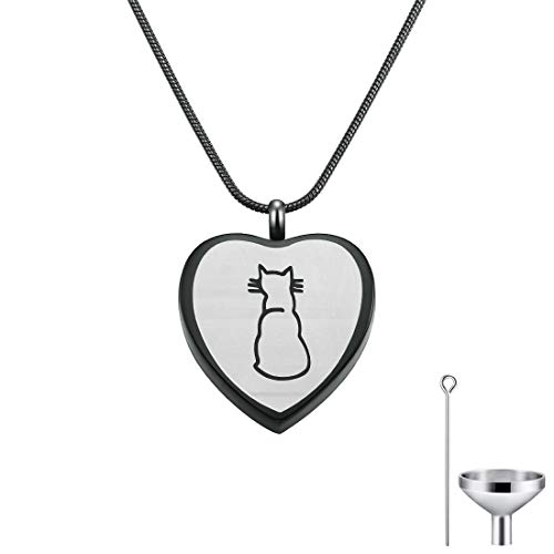 Cat Eye Jewels Stainless Steel Black White Heart Pendant Pet Cremation Keepsake Ash Holder Memorial Urn Necklace for Ashes with Funnel Kit N013