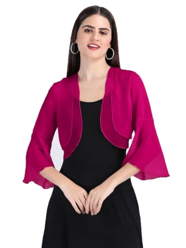 Image of AOL Women's Cropped Layered Lightweight Sheer Three-Fourth Bell Sleeves Georgette Open Neck Shrug Bolero