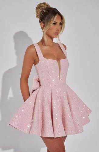 Square Neck Sequin Homecoming Dresses 2025 Short Spaghetti Strap Sparkly Cocktail Party Dress with Bow3