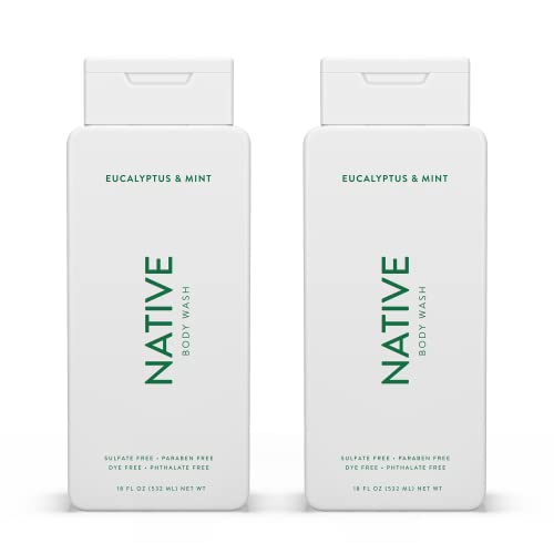 Native Natural Body Wash for Women, Men | Sulfate Free, Paraben Free, Dye Free, with Naturally Derived Clean Ingredients Leaving Skin Soft and Hydrating, Eucalyptus & Mint 18 oz – 2 Pk