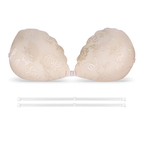SJUIEO Vestido de Encaje sin Espalda, Sujetador Autoadhesivo de Silicona Copa D, Sujetador Invisible sin Tirantes con Dos Correas traseras, Sujetador Push up Autoadhesivo (Color de Piel)