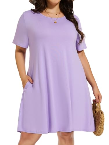 elescat Plus Size Summer Dresses for Women Casual Short Sleeve Pockets Loose Oversized T Shirt Sundress (Light Purple, 2XL)