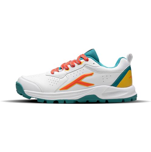 Hundred Men's Hyperdrive Cricket Shoes|Terraspike Rubber Studs|Embedded Support Plate for Stability|Lightweight&Durable|Ideal for Turf,Ground&Hard Surfaces (White/Light Green/Orange ; UK 2)