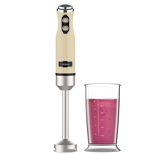 Cecotec Batidora de Mano Retro Power RetroYellow 1200MAX. 1200W Potencia Máxima, Cuchilla de 4 Hojas con Recubrimiento de Titanio Negro, 2 Velocidades, Vaso de 0,5L, Diseño Vintage