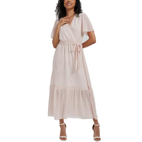 Image of Women's Summer Bohemian Floral Chiffon Dress Cap Sleeve V Neck Ruffle Long Flowy Boho Casual Vacation Dresses