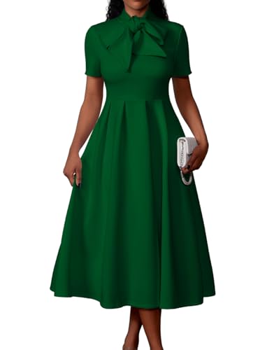 Memoriesea Women's Elegant Casual Short Sleeve Work Party A-Line Dress with Pockets Green