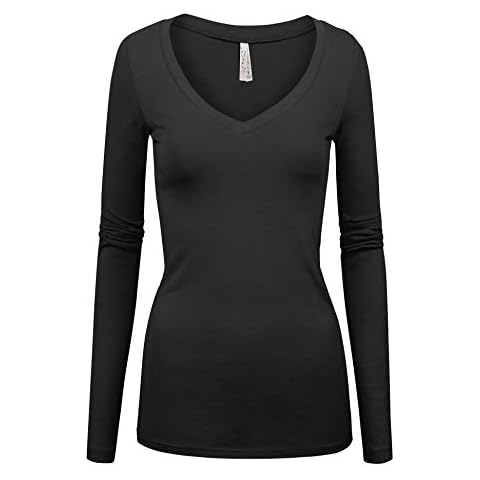 Womens Junior Basic Black Color Slim Fit Long Sleeve V-Neck Neck Top (1101-BLACK-S) Cover