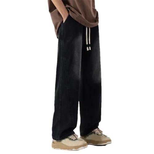 Men's Wide-Leg Baggy Denim Pants Drawstring Straight Jean Trousers Lightweight Breathable