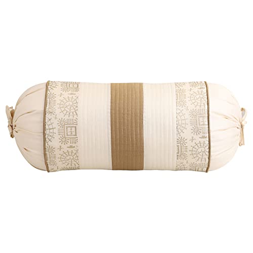 Image of Gifts Island Set of 2 Polyester Silk Traditional Hand-Block Printed & Striped Bolster Covers (Beige)