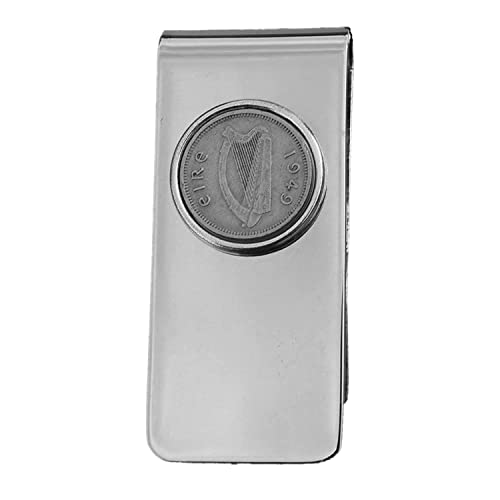 1949 Irish Ireland 3 Pence Harp Coin Solid Brass Money Clip New - Silver Coin Bezel