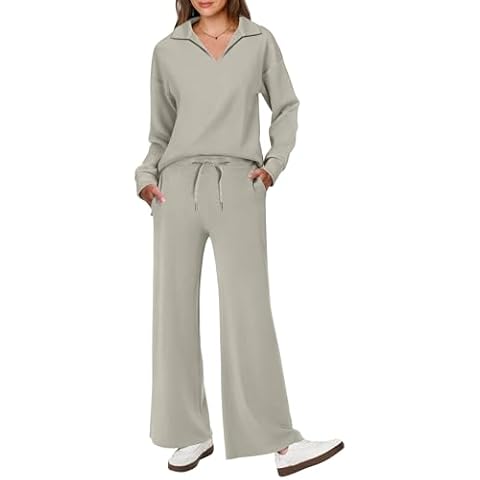 ANRABESS Women's 2 Piece Outfits Lounge Sets Casual Long Sleeve Sweatsuits Polo Top Wide Leg Pants Fall Sweat Matching Sets Light Khaki Medium Cover