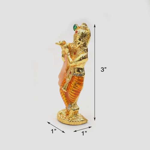 Estatua pequeña de Krishna de bronce con cristal y flauta miniatura 6