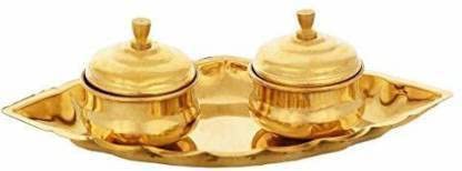 Bekner Chandan Roli/Tika Chopda Set/Chawal Akshat Haldi Dibbi/Kumkum Holder Box with Lid Brass Brass (Gold)-image-6