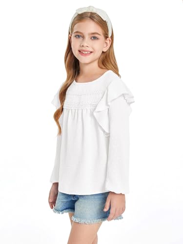 Haloumoning Girls Long Sleeve Shirts Cute Tops Crewneck Ruffle Swiss Dot Blouses for Kids 4-14 Years3