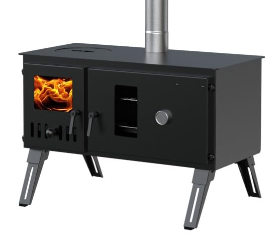 DWD® "Galloway" Camping Stove Outdoor Portable Wood Log Burner Double Oven Stove/Cooking Hob with Flue, Spark Cap,Oversized Heat Resistant Glass Windows on Fire Box, Nylon Carry Bag, Gloves