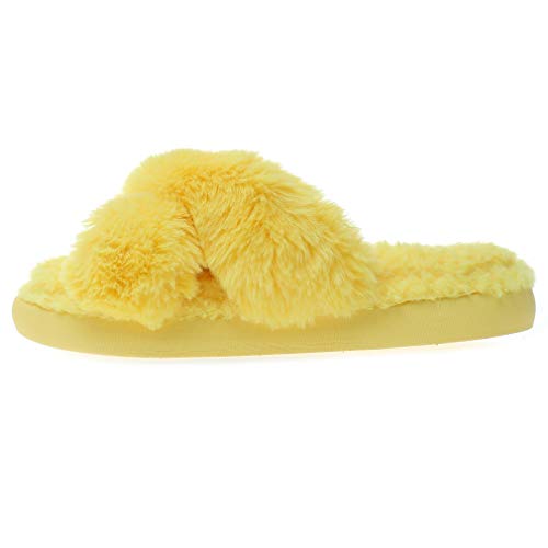 Slippers for Women Fashion Cross Band Plush Anti-Skid Memory Foam Slip On Fuzzy Slides Indoor Outdoor (9-10 L US, Yellow)4
