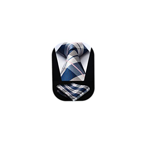 Image of HISDERN Mens Ties Plaid Tie and Pocket Square Set Classic Woven Formal Checkered Neckties & Handkerchief Wedding Party