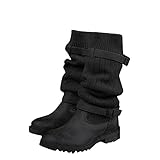 Hotberry Winterstiefel Damen Stiefeletten Vintage Retro Hohe Stiefel rutschfeste Langschaft Westernstiefel Cowboy für Frauen Halbhoch Wollsockenschuhe, Schwarz, 38 EU