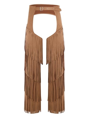 Oyolan Mens Layered Fringe Motorcycle Chaps Adjustable Cowboy Wester Riding Biker Vintage Chap Pants Brown Small