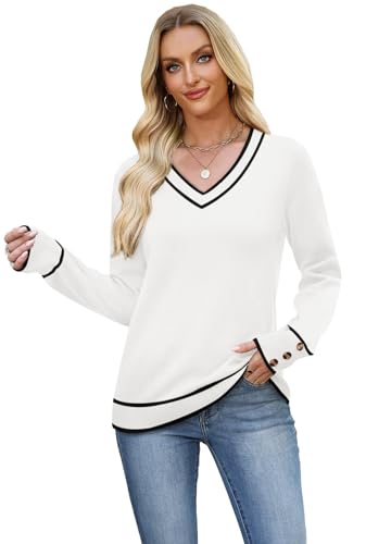 Image of WIHOLL Lightweight Sweaters for Women Long Sleeve V Neck Knit Outfits with Decorative Buttons