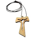 Needzo - Colgante de crucifijo de madera Tau, joyería devocional cristiana recortada, regalo para frailes y monjas, cruz de 5 cm