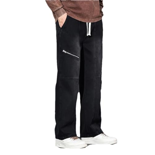 Men's Fake Zipper Design Jeans, Drawstring Mid-Waist Casual Loose Wide-Leg Pants