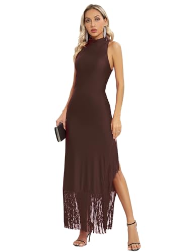 Image of Aigeman Women Vintage Flapper Dresses 1920s Great Gatsby Halter Fringed Maxi Dress Tassels High Split Formal Dress 19