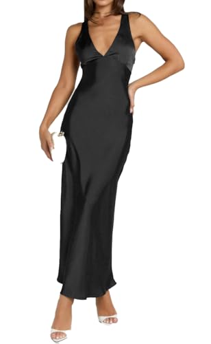 Yixinjew Summer Satin V Neck Backless Maxi Dresses for Women
