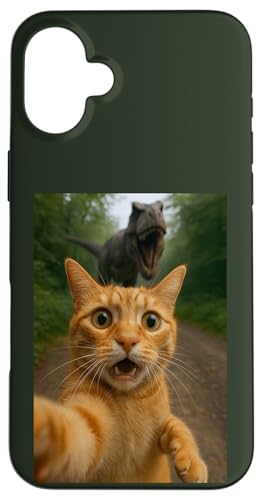 Cat Selfie Escape from Dinosaur Funny for Kids Teens Adult Carcasa para iPhone 16 Plus