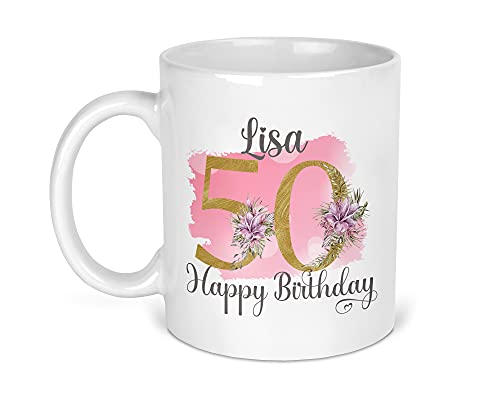 50th Birthday Gift for Women, Personalised Mug/Cup, Floral Design, Add Name, Birthday Gift for Mum, 1971