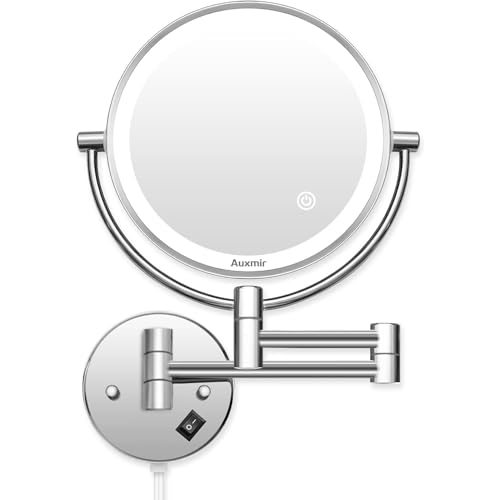 Auxmir Espejo Maquillaje con Luz Pared, Aumento 1X/5X Doble Cara Giratorio 360, Espejo Baño Extensible Táctil con Enchufe, 3 Colores Brillo Regulable, para Hotel, SPA, Plata