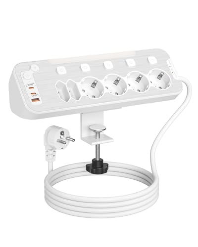 Tischsteckdose mit USB C, PD 20W Steckdosenleiste Schreibtisch Einzeln Schaltbar, 6 Fach Mehrfachsteckdose Überspannungsschutz Tisch Steckdose mit Schalter Steckerleiste Ecksteckdose 2M Kabel, Weiß