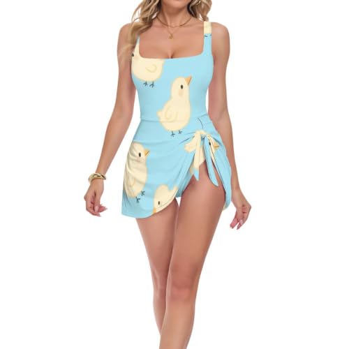 Maillot de bain une pièce femme bleu avec doubles bretelles imprimé poussin original