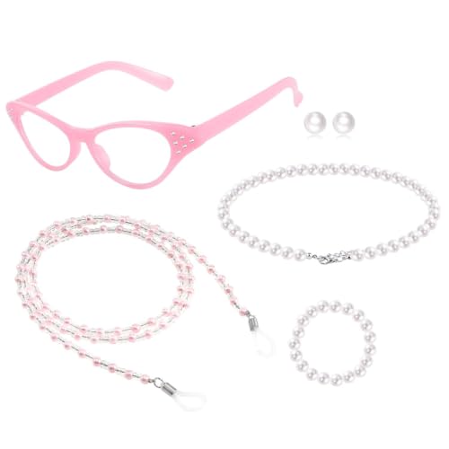 Yanbuny Old Lady Costume Accessories with Glasses Faux Pearl Necklace Chain for Granny Dress up (Style3)