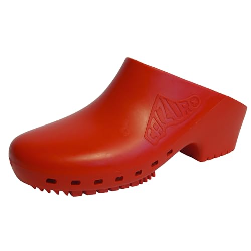 CALZURO Classic Work Clogs Without Holes - Unisex Nursing Clogs - Non Slip Shoes - Autoclavable Rubber Kitchen Shoes for Women and Men - Red