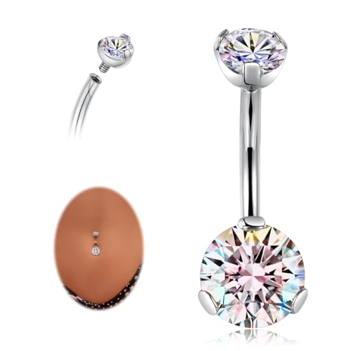 AROWRO G23 Titanium Belly Button Ring Hypoallergenic Belly Rings Internally Threaded Silver Belly Button Piercing 14G 8mm Navel Piercing Jewelry with Round Cubic Zirconia