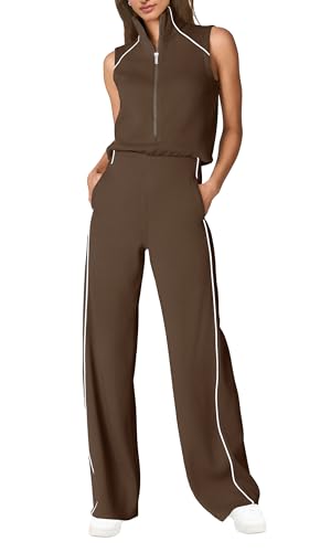 SENSERISE Womens Summer Jumpsuits Dressy Casual Sleeveless Mock Neck Top Wide Leg Pants Romper with Pockets(Brown,M)