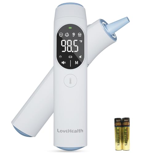 LoveHealth Digital Thermometer of Forehead and Ear - Fever Alarm, 1 Second Reading, Magnetic Cover, LED Probe Light, 40 Readings Memory, HD LED Screen, Medical Thermometer for Babies Kids and Adults