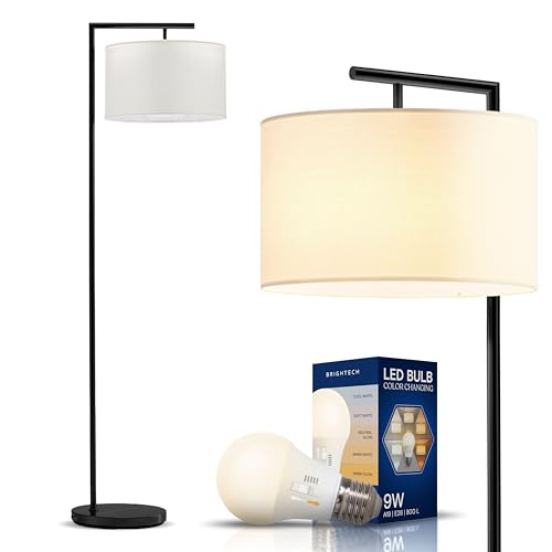 Brightech Montage Modern Floor Lamp - LED Standing Lamp with Tan Shade for Living Rooms & Offices - Bedroom Reading Light - Tall Corner Pole Lamp for Contemporary Home Decor - Black
