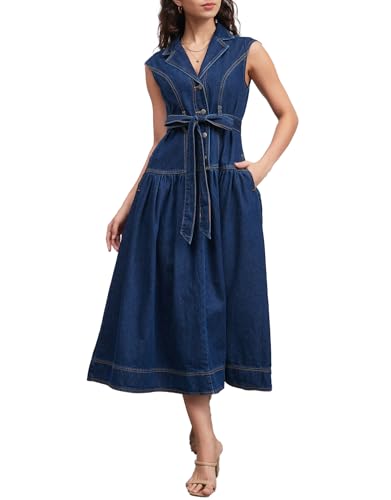 Ladyful Womens Sleeveless Denim Midi Dress Lapel V Neck Casual Flowy Wrap Belt A-Line Button Jean Dress