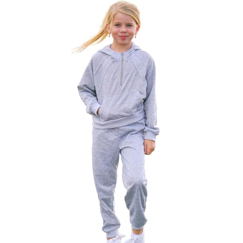 Image of fioukiay Girls Outfits 2 Piece Half Zipper Hoodies Sweatsuits Long Sleeve Athletic Sweatshirts and Sweatpants with Pockets