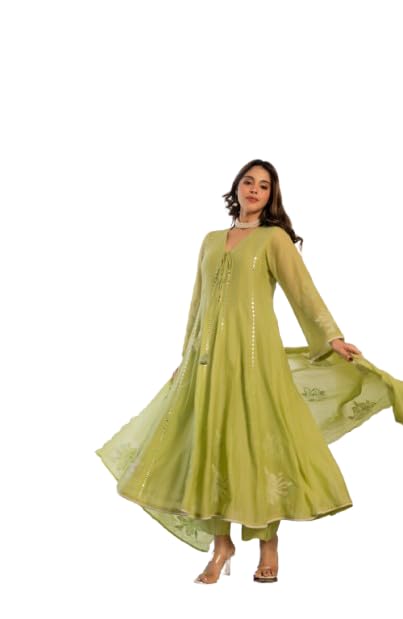 Women Chanderi Silk Embroidered Anarkali Gown Set with Dupatta & Pants | Mirror Work V-Neck Flared Ethnic Suit Set | Traditional Indian Wear 3-Piece Set-image-36
