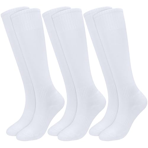 KOOOGEAR 3 pares de calcetines de fútbol para niños, color negro y blanco, calcetines deportivos largos para jóvenes, cómodos, acolchados, para correr, hockey, fútbol, rugby, 5-12 años, 3 pares