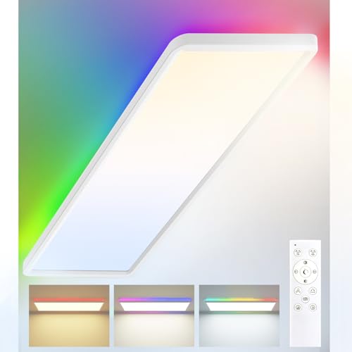 Peasur LED Deckenleuchte Dimmbar Flach 58x20 cm,Deckenlampe 7 RGB Nachtlicht Panel Lampe Fernbedienung Timer Lang Backlight,32W 3500LM 3000K-6500K Lampen für Wohnzimmer Schlafzimmer Büro Badezimmer