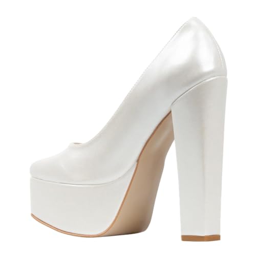miss left Women Stylish Chunky High Heel Platform Pumps Closed Square Toe Slip on Elegant Prom Evening Dress Formal Shoes Size 4-16 US3