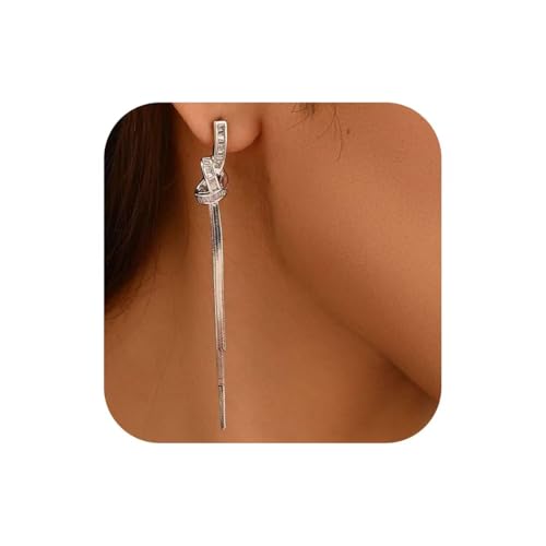 18K Gold/Silver Plated Dangle Earrings for Women Sparkly Rhinestone Long Tassel Dangle Earrings Dainty Long Hanging Chain Earrings Wedding Party Prom Earrings (Silver)